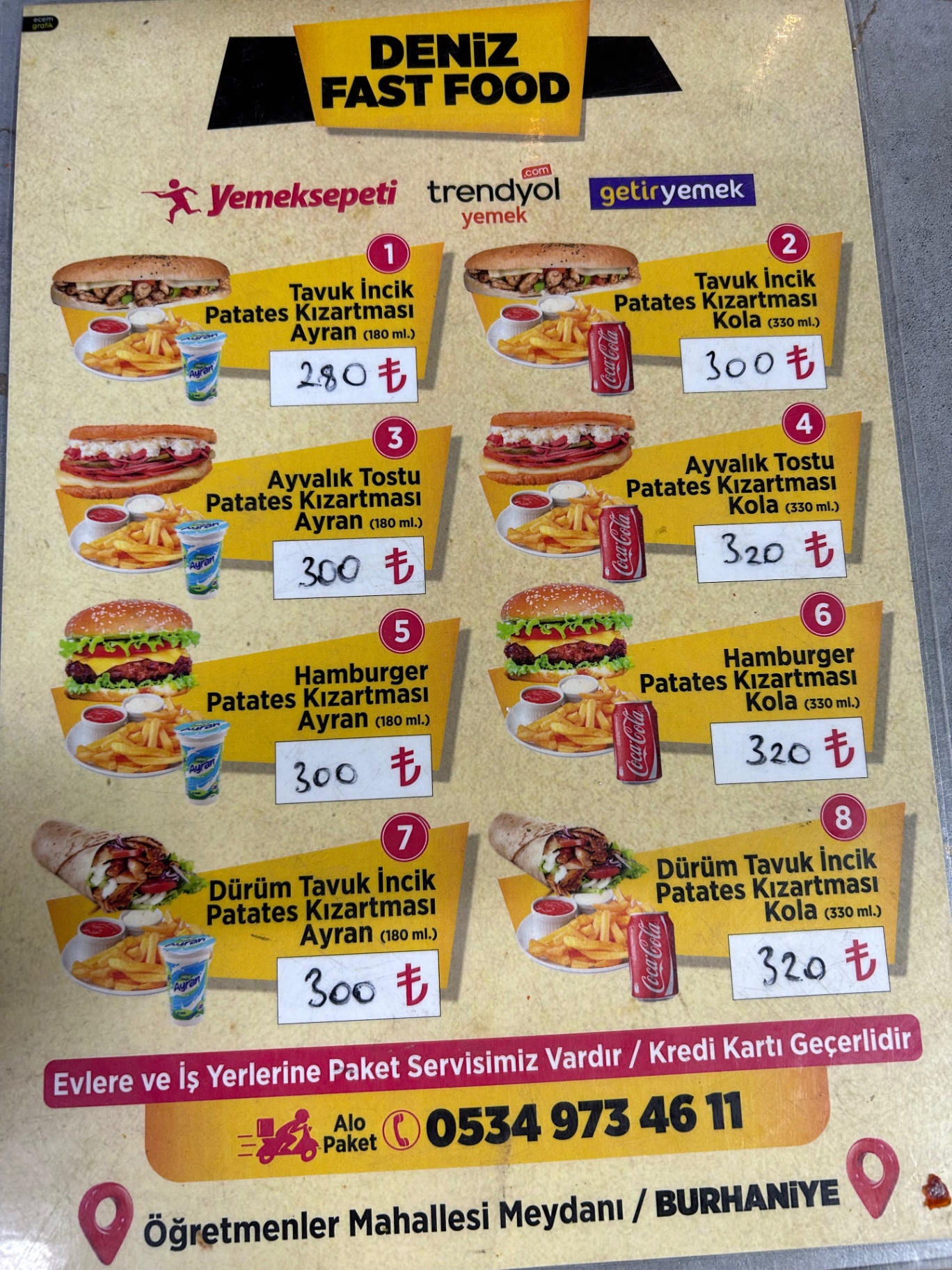 Burger, tost ve dürüm menülerinin kampanya afişi.
