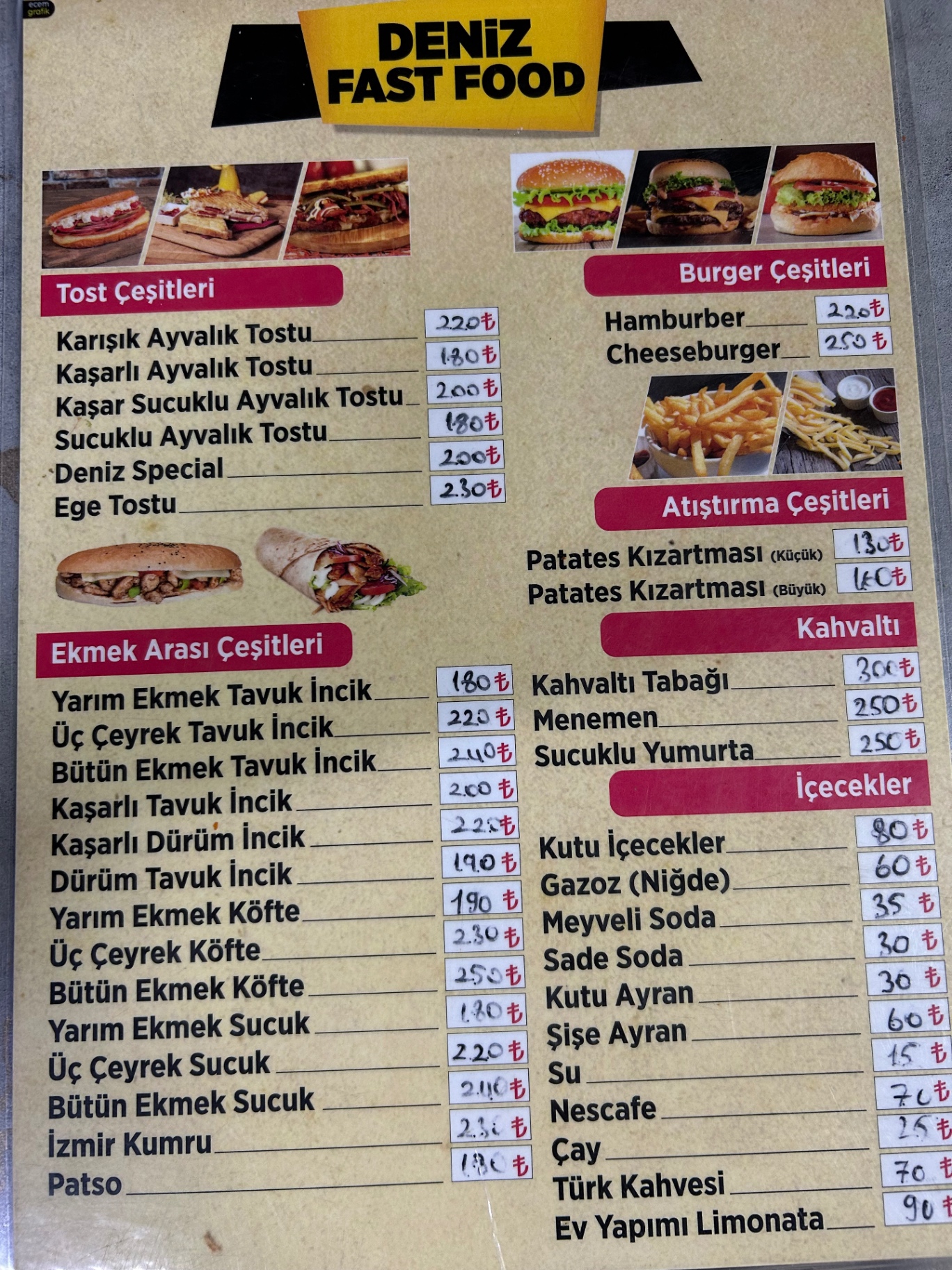 Tost, burger, kahvaltı ve içecek fiyatlarının yer aldığı liste.